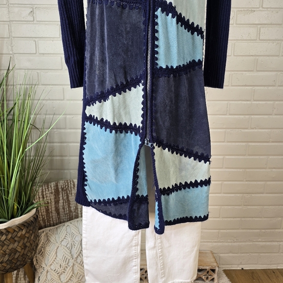 Vintage Airport Blue Suede Patchwork Knit Long Cardigan Medium - Picture 8 of 11